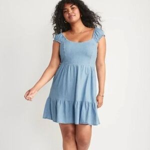 Old Navy Womens Tiered Blue Chambray Cap Sleeve Swing Dress Pockets Smocked 2XL